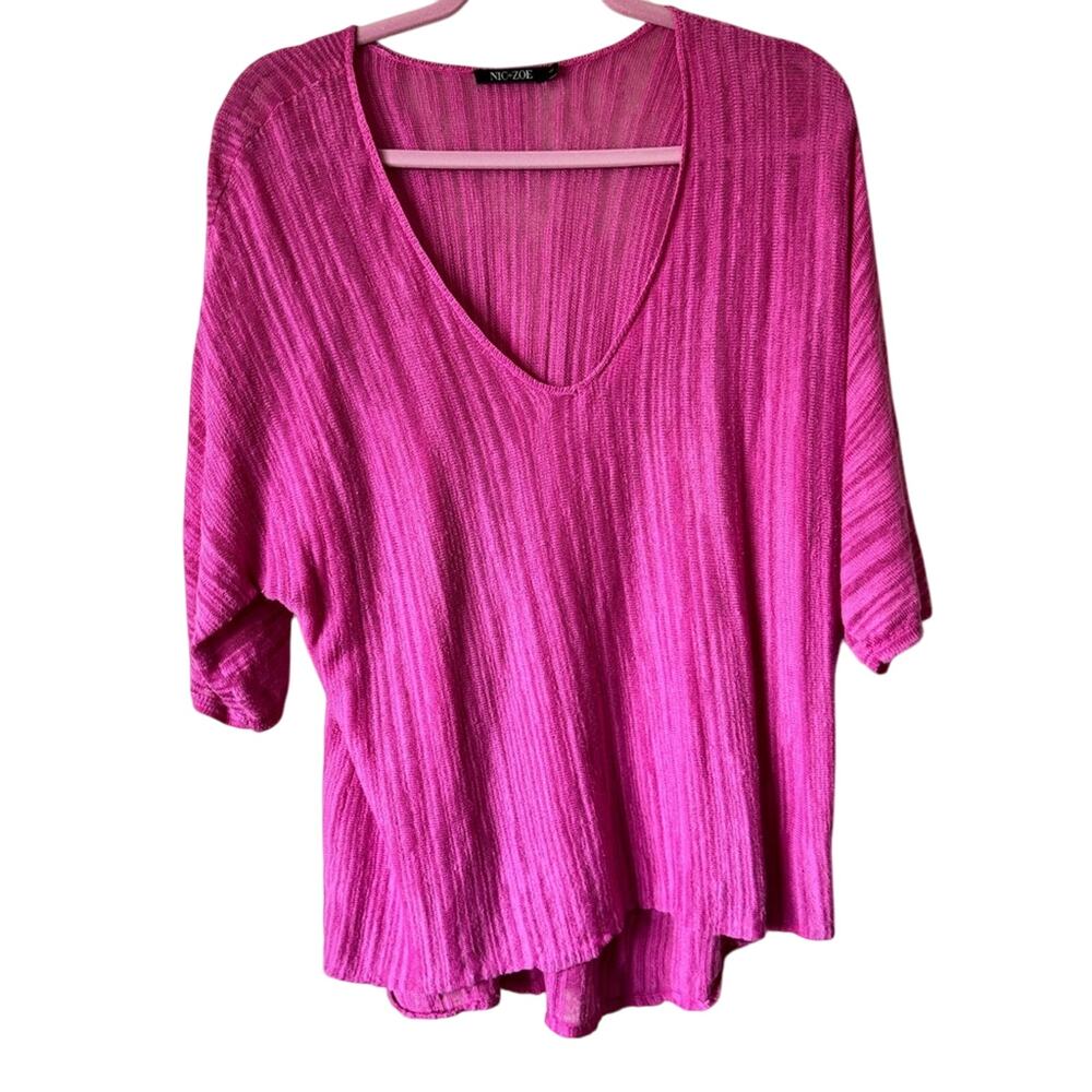 Nic + Zoe Pink Linen V Neck Blouse Womens L Casual Oversized Beachy Summer Top